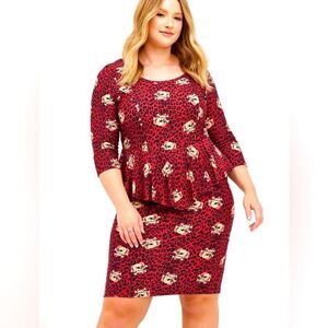 Torrid Red Peplum Ponte Knit SkullS & Leopard Dress Size 5X Halloween Stretch